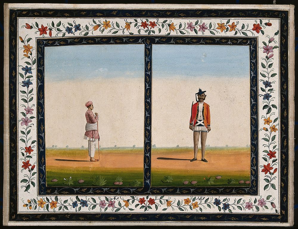 Left, an attendant holding a stick; right a sepoy (native soldier). Gouache painting by an Indian artist.