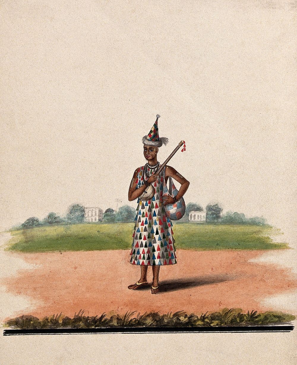 A street performer carrying a musical instrument. Watercolour by an Indian artist.