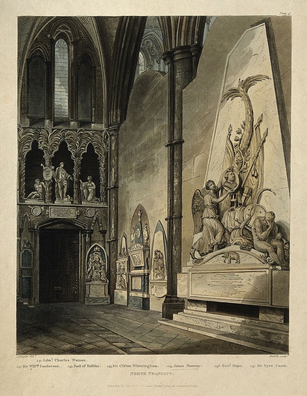 Monuments to Jonas Hanway and others in Westminster Abbey. Coloured aquatint by J. Hamble, 1812, after A. Pugin.