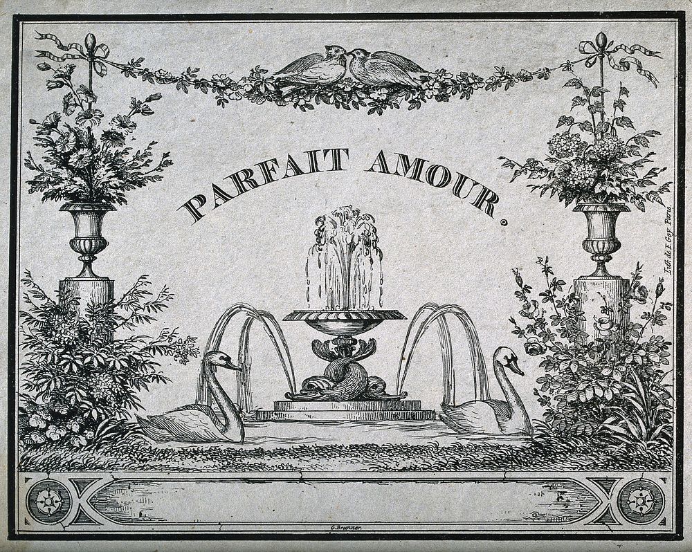 A French liqueur label illustrated with a beautiful garden. Lithograph by E. Goy, 19th century, after G. Brunner.