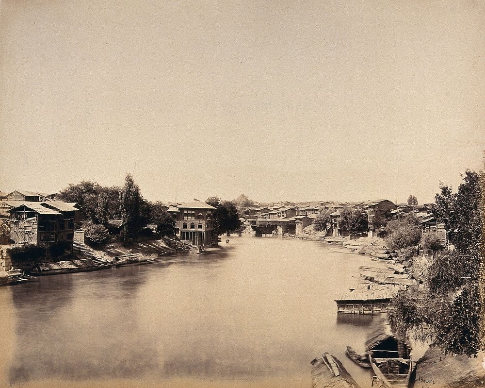 Srinagar, Kashmir: the Jehlum river with houses on each bank. Photograph by Samuel Bourne.
