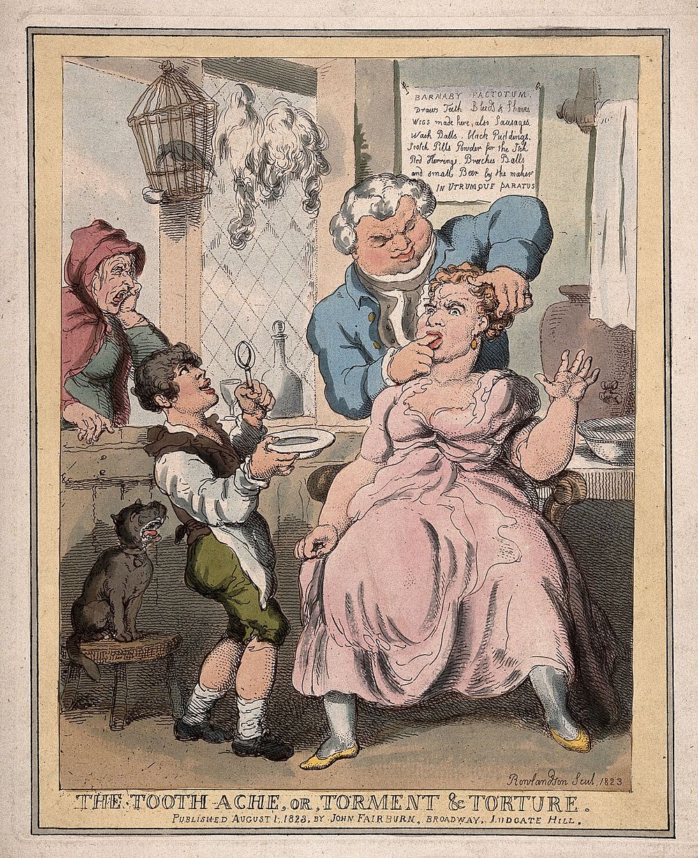 A tooth-drawer in his establishment feeling the tooth of a bemused female patient, his assistant holds the pincers in…