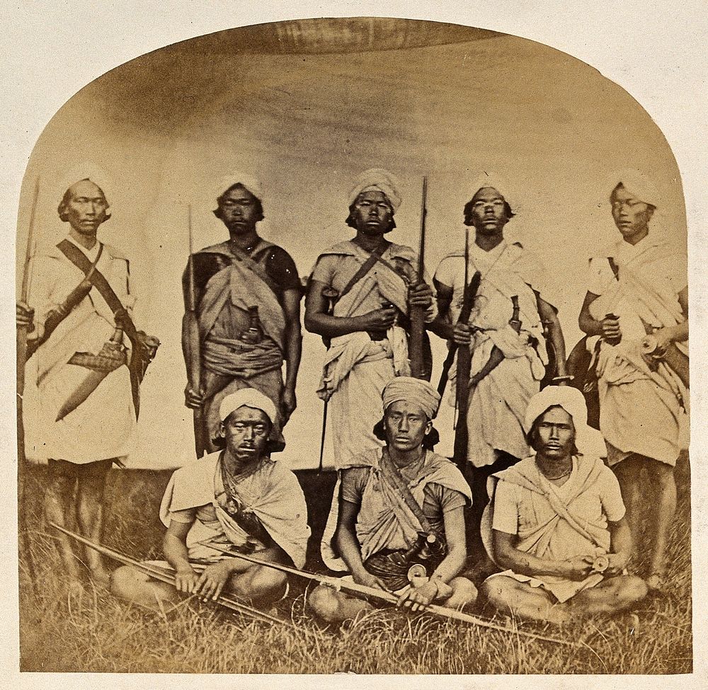 Nepal: Magar military men bearing weapons: group portrait. Photograph by Clarence Comyn Taylor, ca. 1860.