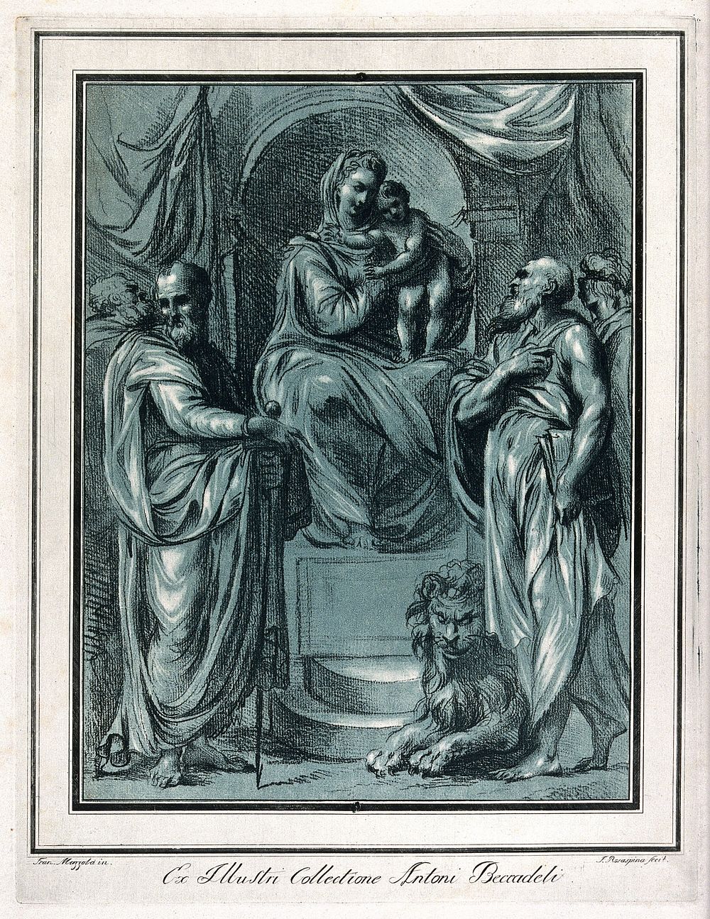 Saint Mary (the Blessed Virgin) with the Christ Child, Saint Paul the Apostle and Saint Jerome. Colour soft-ground etching…