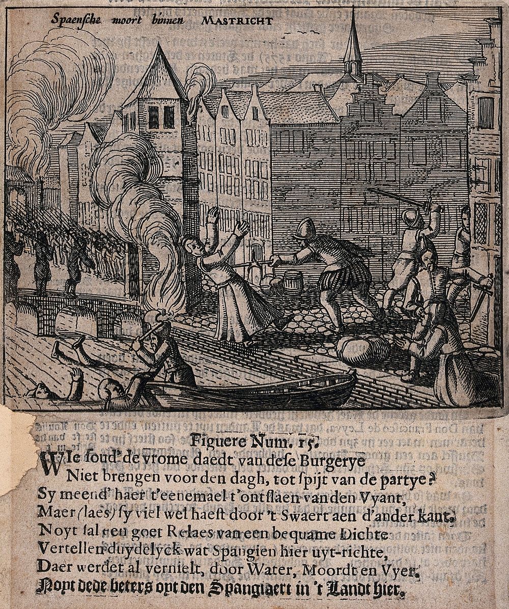 Spanish soldiers slaughtering and drowning men and women in the streets of Maastricht. Etching.