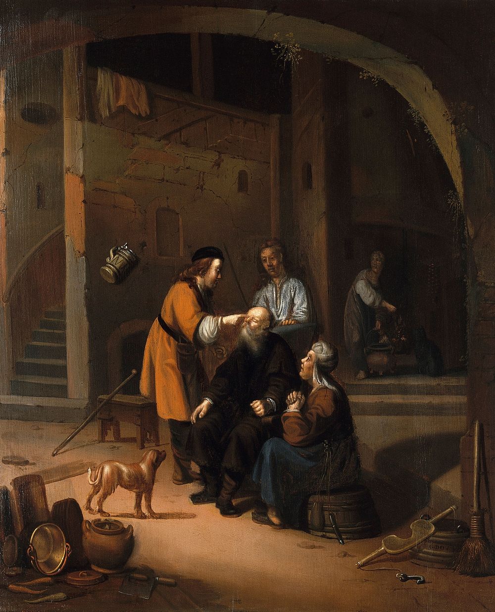 Tobias restoring the eyesight of Tobit. Oil painting by a Dutch painter, 17th century.