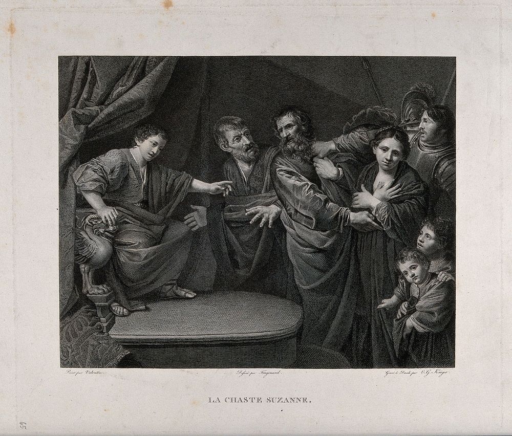Susanna's innocence is proven by the young prophet Daniel. Engraving by E.G. Krüger after J-H. Fragonard after Valentin de…