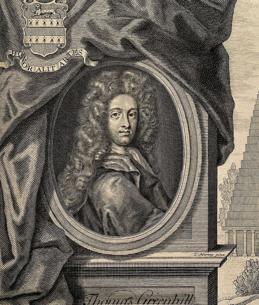Thomas Greenhill. Line engraving by J. Nutting, 1705, after P. Berchet after T. Murray.