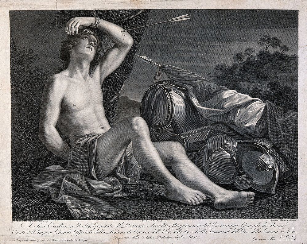 Martyrdom of Saint Sebastian. Engraving by G. Folo after A. Tofanelli after G.F. Barbieri, il Guercino.