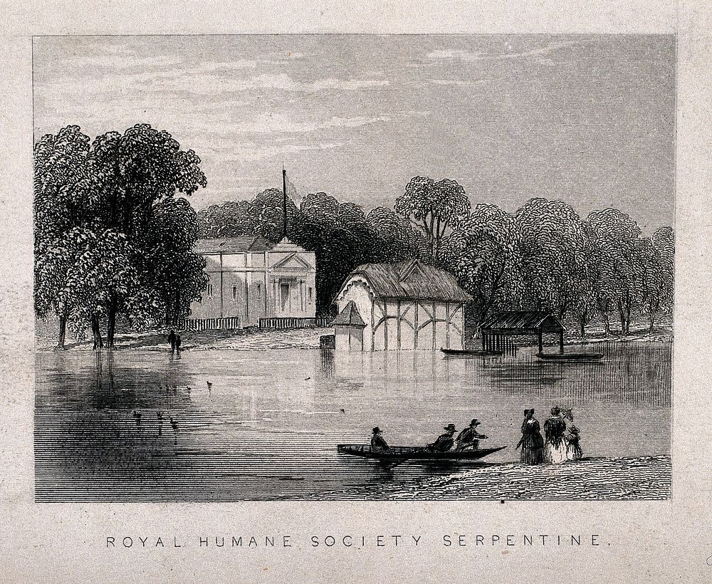 The Royal Humane Society's hut next to the Serpentine, Hyde Park, London. Engraving.