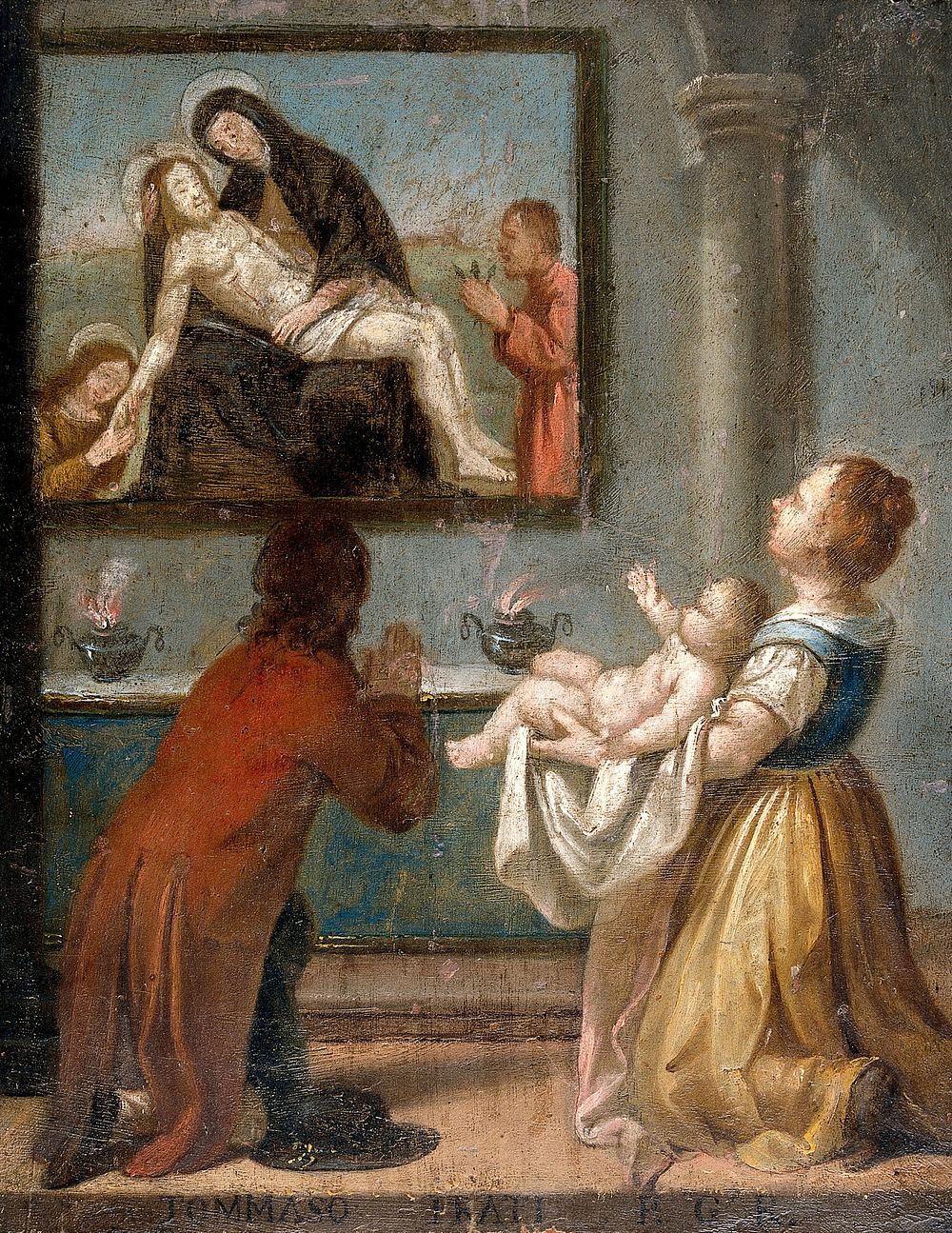 A man and a woman holding a baby before an altar. Oil painting by an Italian painter, 18th  century.