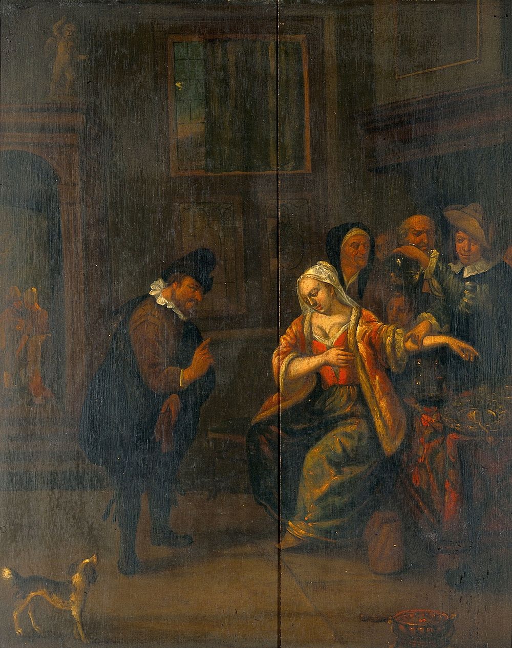 A medical practitioner examines the urine and takes the pulse of a woman, while another man gives her advice. Oil painting…