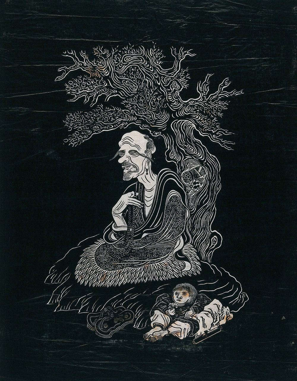 A Lohan (disciple of Buddha), seated under a tree, holding prayer beads, with a small child at his side. Woodcut in the…