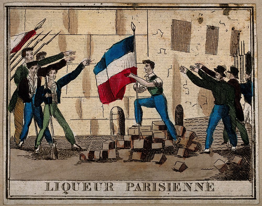 A Parisienne liqueur label illustrated with Frenchmen saluting their national flag. Coloured engraving, 19th century.