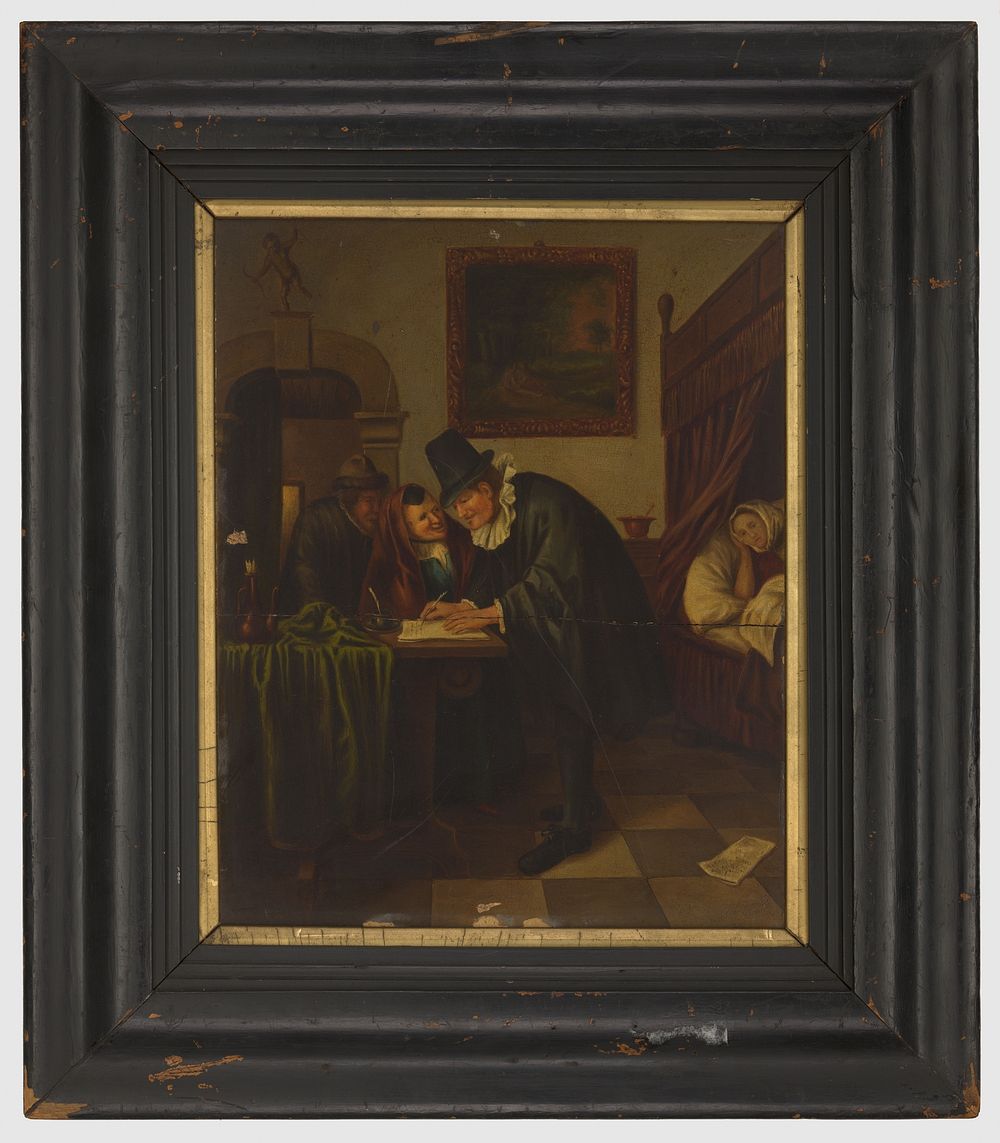 A physician writing a prescription for a sick young woman. Oil painting after Jan Steen.