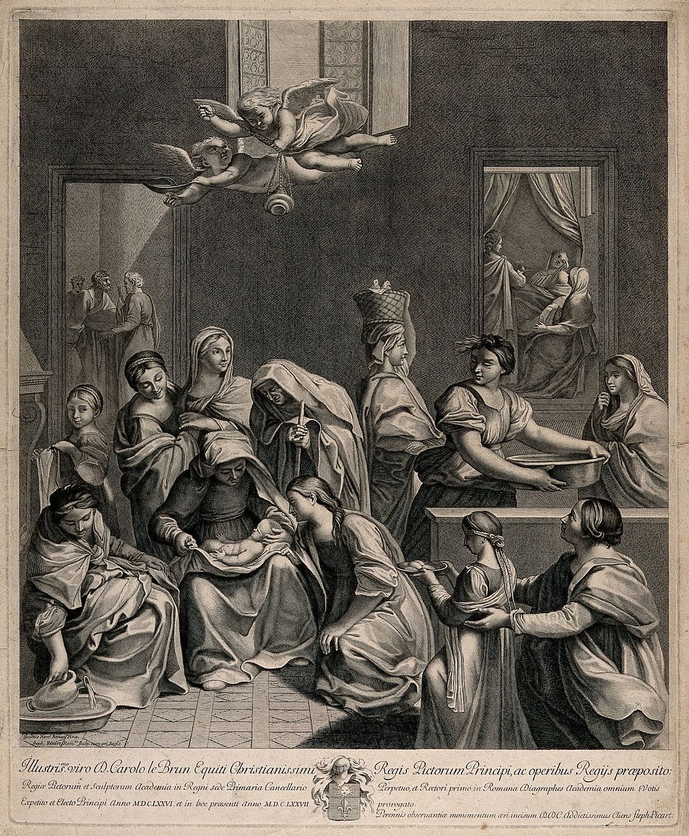 The birth of the Virgin Mary in a wealthy household. Engraving by E. Picart after G. Reni.