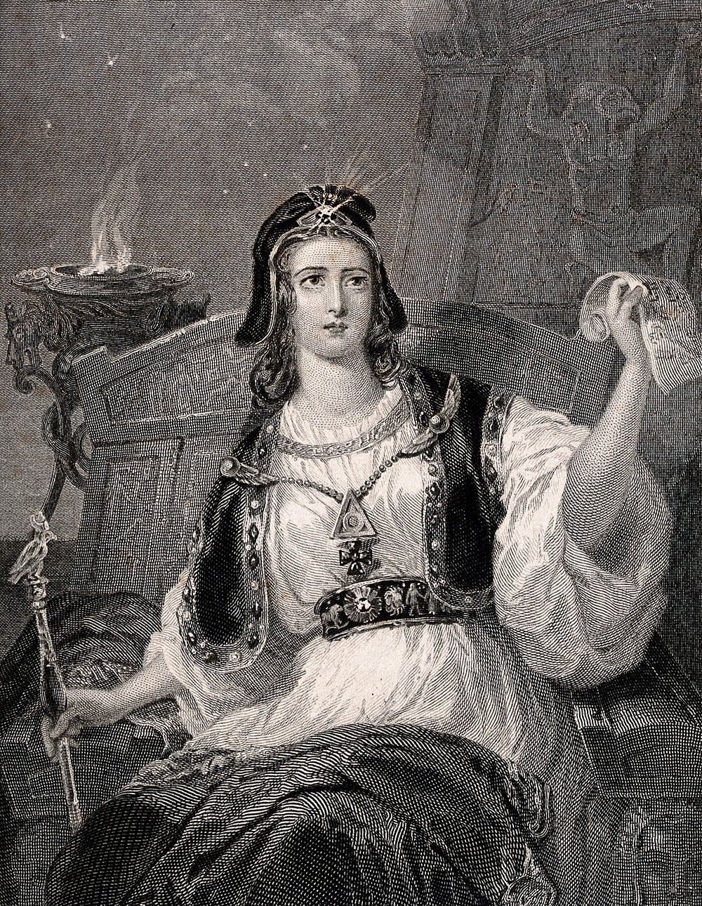 A sorceress. Engraving by G.A. Periam, 1837, after F. Corbaux.