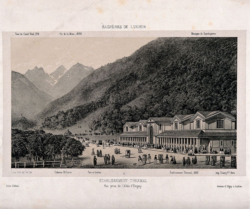 The thermal baths and mountains of Bagnères de Luchon, including a key of the sights. Lithograph by Victor Petit.