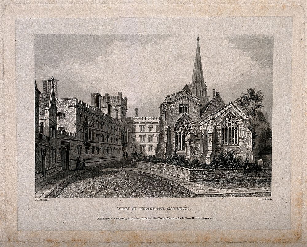 Pembroke College, Oxford: panoramic view of college and St. Aldate's Church.