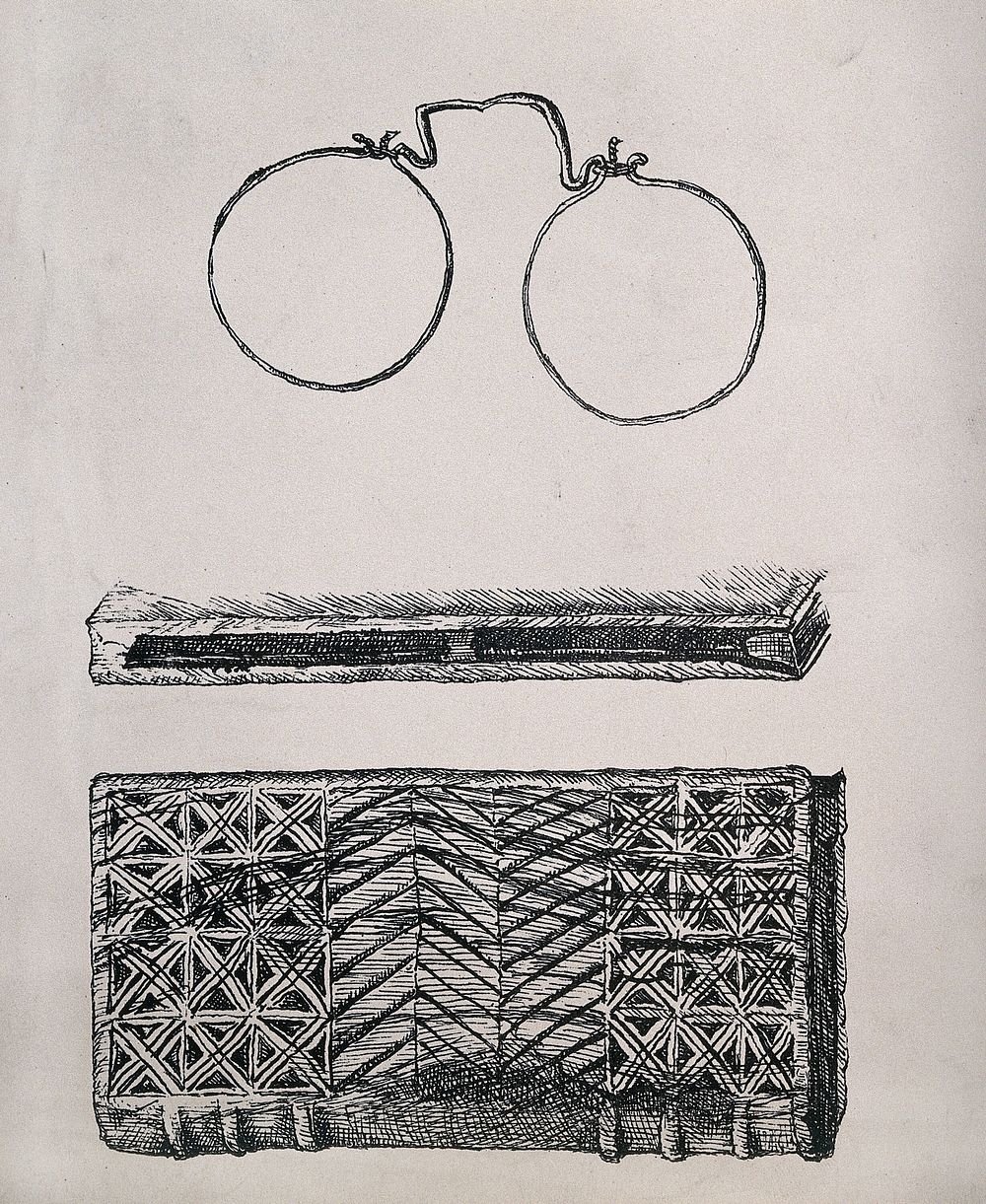 A pair of antique spectacles with their case. Transfer lithograph by C. Dims, 1877, after H. Strickland.
