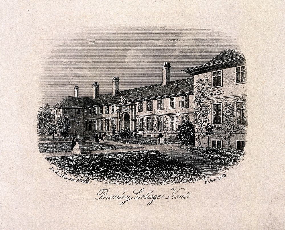 Bromley college and grounds, Kent. Line engraving.