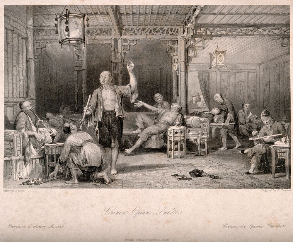 Chinese opium smokers in a saloon experiencing various effects of the drug. Engraving by G. Paterson, 1843, after T. Allom.