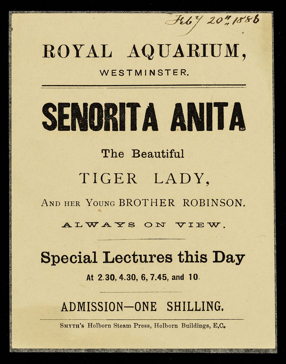 [Leaflet advertising appearances by Senorita Anita (The Tiger Lady) and her brother, Robinson (The Bear Boy) at the Royal…