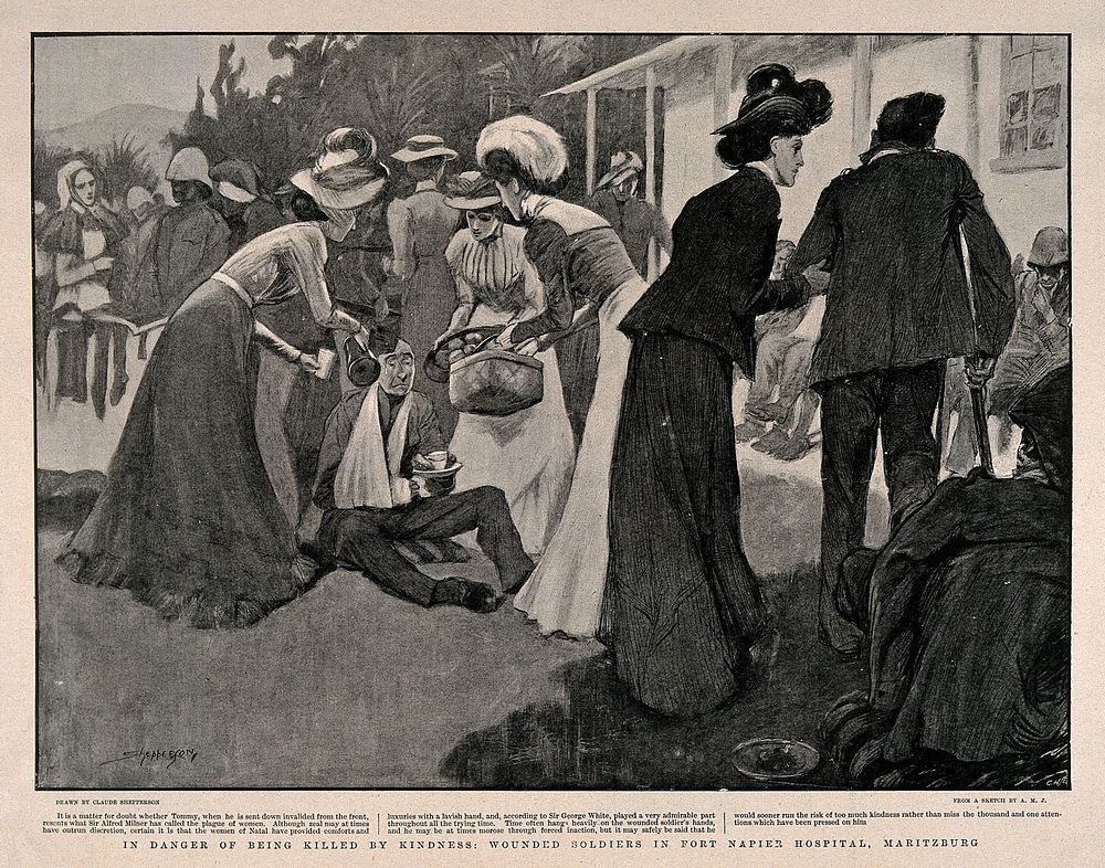 Boer War: a busy street scene with gracious ladies offering food, drink and assistance to wounded soldiers. Process print…