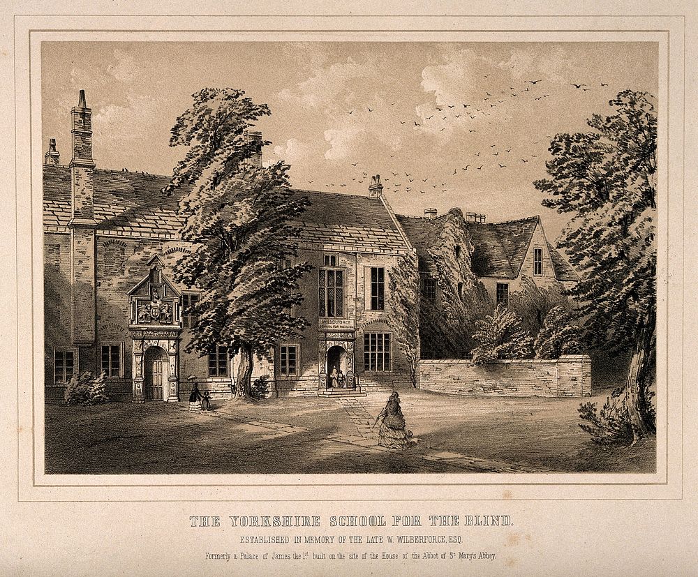 Yorkshire School for the Blind, York, England. Tinted lithograph.