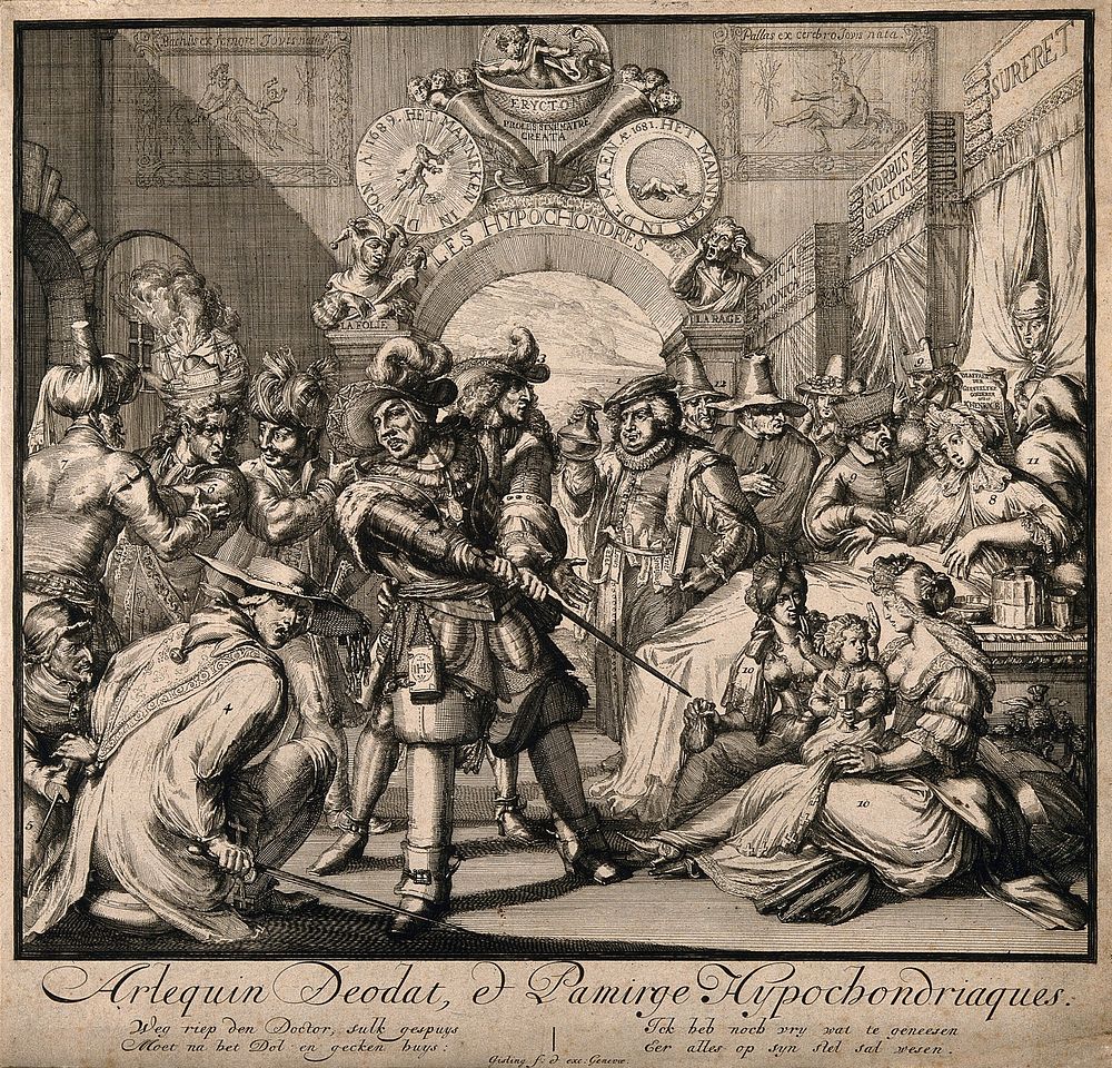 James II and Louis XIV and their allies portrayed as inmates of a lunatic asylum. Etching by R. de Hooghe, 1688.