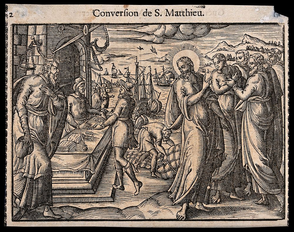 Jesus calls Matthew from among the tax officials. Woodcut, 16th century.