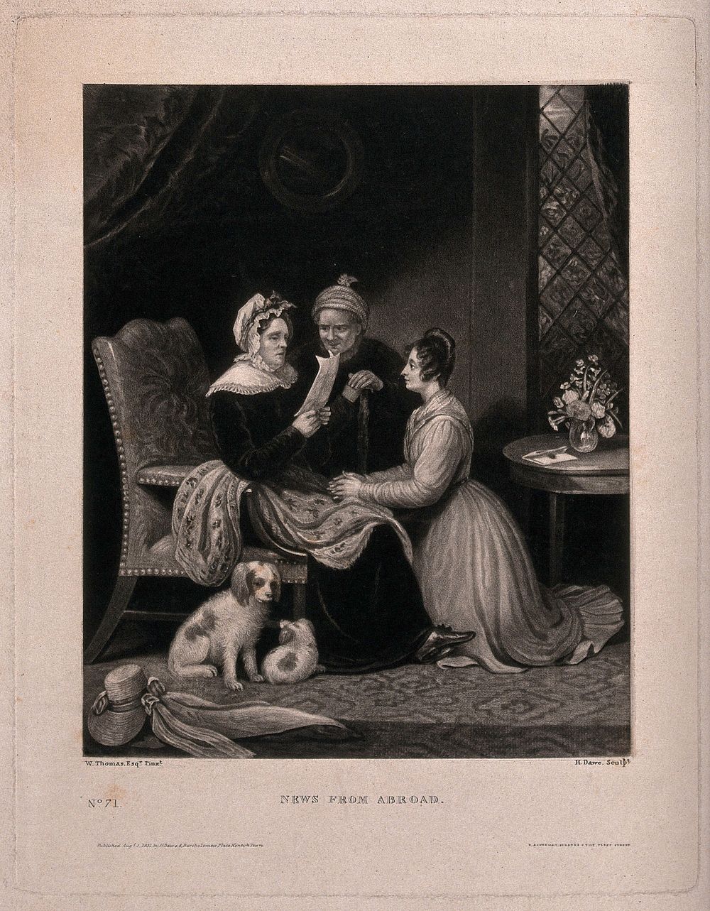 An old woman is reading a letter out to a man and a young woman around her chair. Mezzotint, 1837, by H. Dawe after W.…