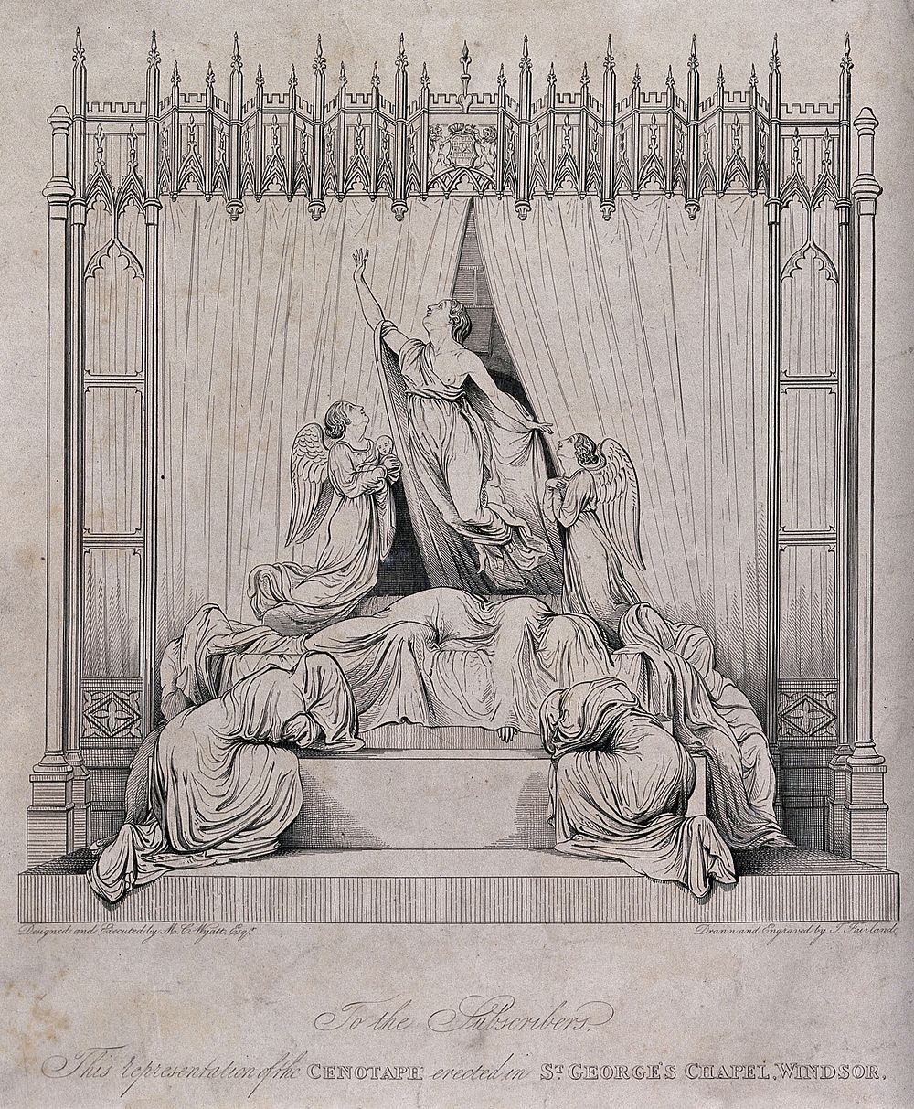 Monument commemorating Princess Charlotte Augusta in St. George's Chapel in Windsor. Etching by T. Fairland after a…