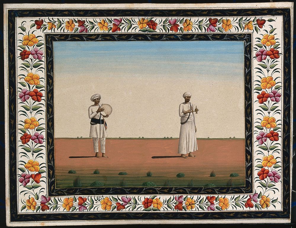 Two Indian men: (left) holding a tambourine, (right) holding a hookah. Gouache painting by an Indian artist.