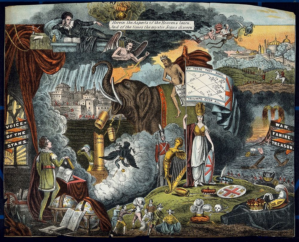 Astronomy: various apocalyptic scenes, including a shipwreck [], a mob being addressed by an orator in the City of London…