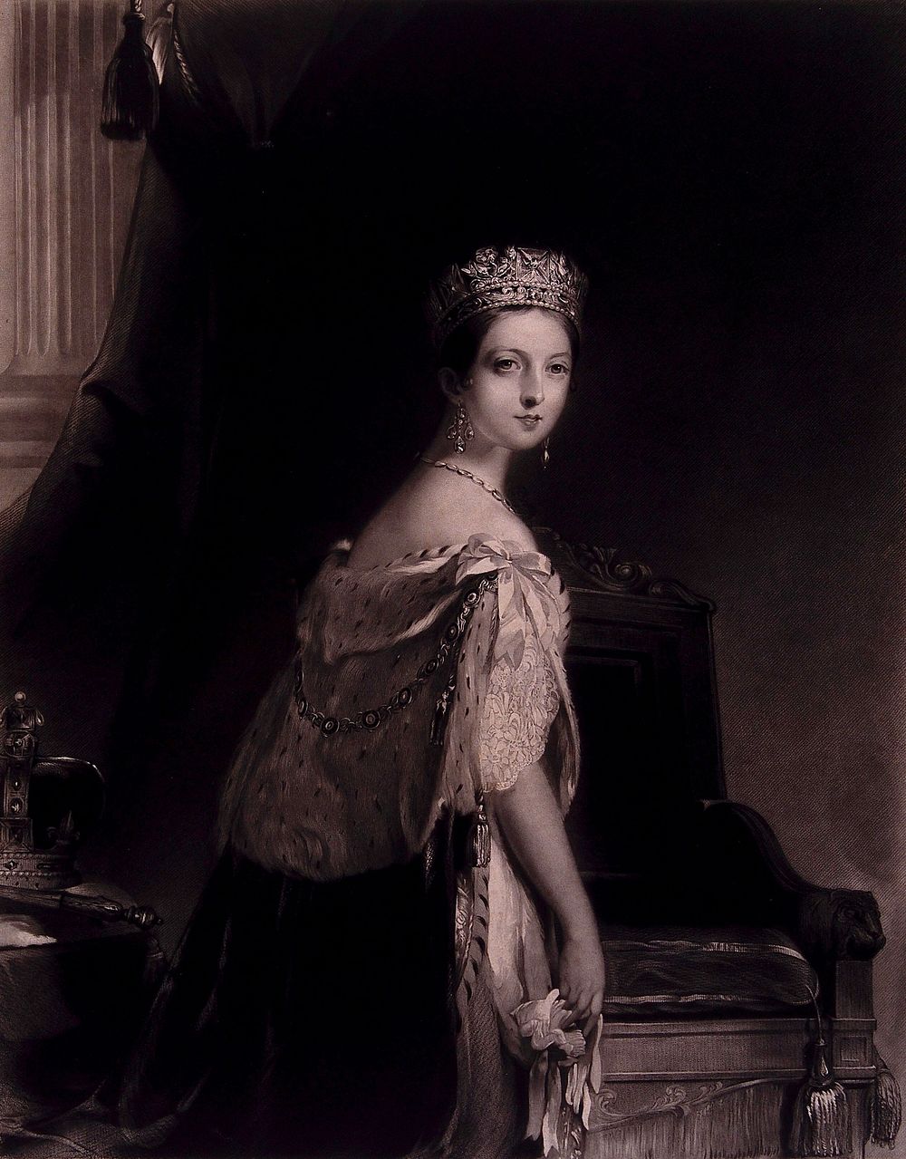 Queen Victoria wearing a tiara, standing next to her throne. Mezzotint by C.E. Wagstaff after T. Sully, 1839.