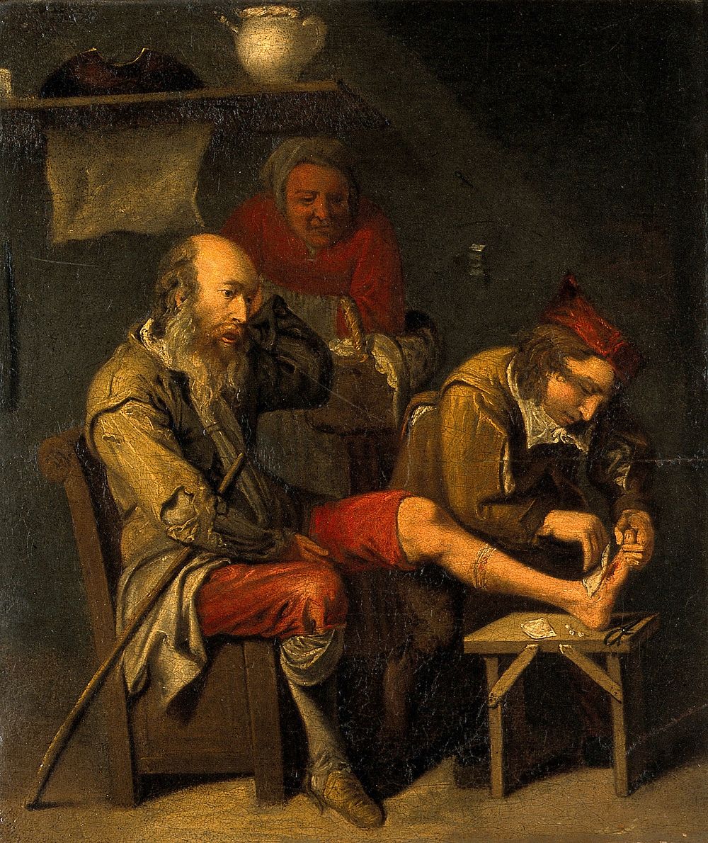 A surgeon operating on a man's foot. Oil painting after David III Ryckaert.