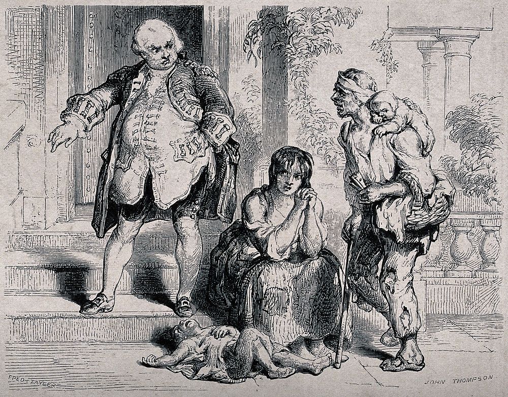 A liveried footman sends on their way a starving family who are sitting outside the side-door of a mansion. Wood engraving…