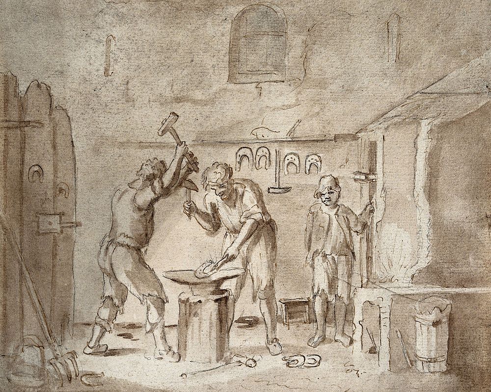 A blacksmith's forge: smiths making horseshoes. Pen and ink drawing.