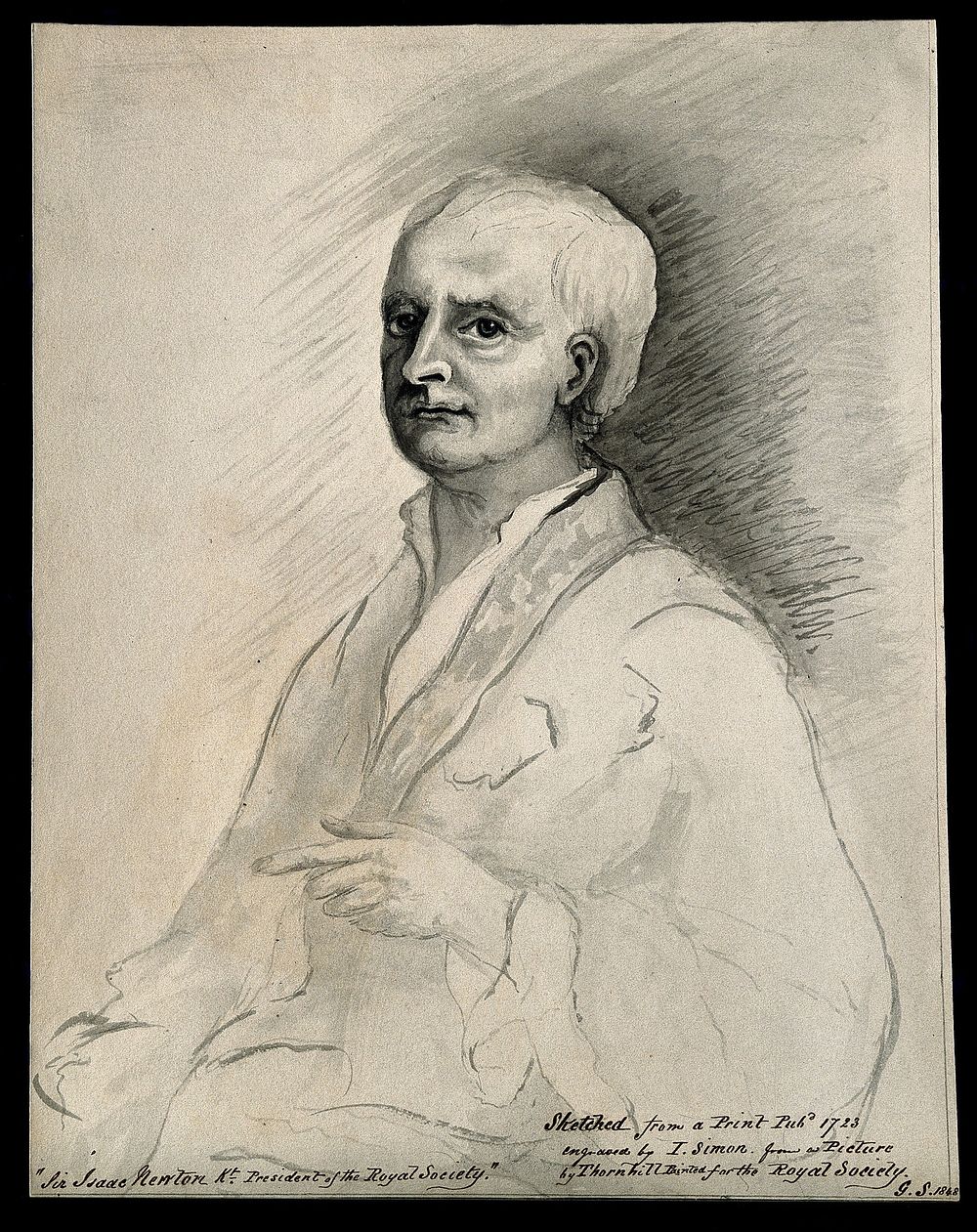 Sir Isaac Newton. Wash drawing by G. S., 1848, after J. Simon, 1723, after Sir J. Thornhill, 1710.
