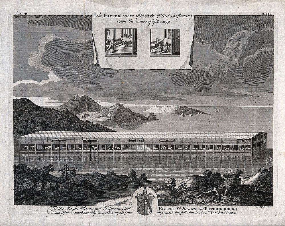 Noah's ark and all its compartments displayed. Etching by J. Mynde.
