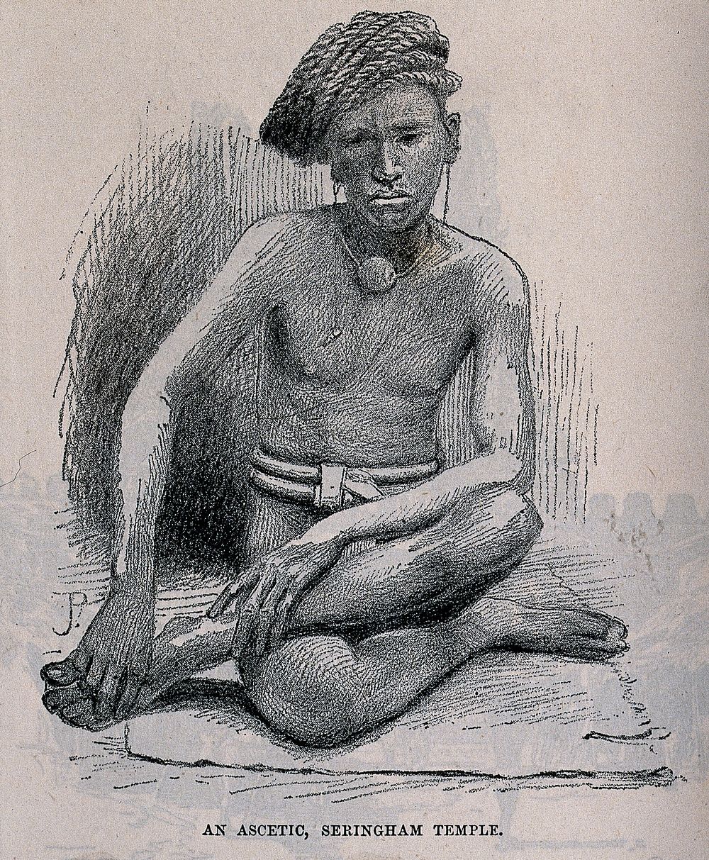 A Hindu ascetic, or holy man at Srirangam Temple: sitting cross-legged on a mat. Process print after J. Pedder, ca. 1890.