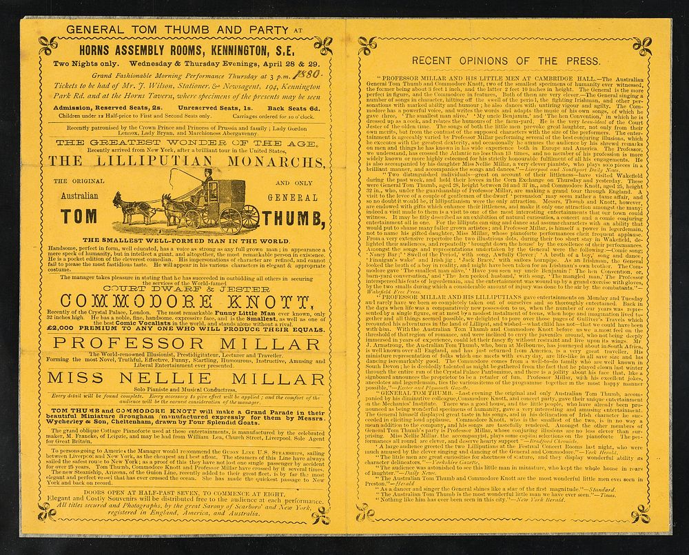 [Leaflet (1880) advertising appearances by The Lilliputian Monarchs: the Australian General Tom Thumb and Commodore Knott at…