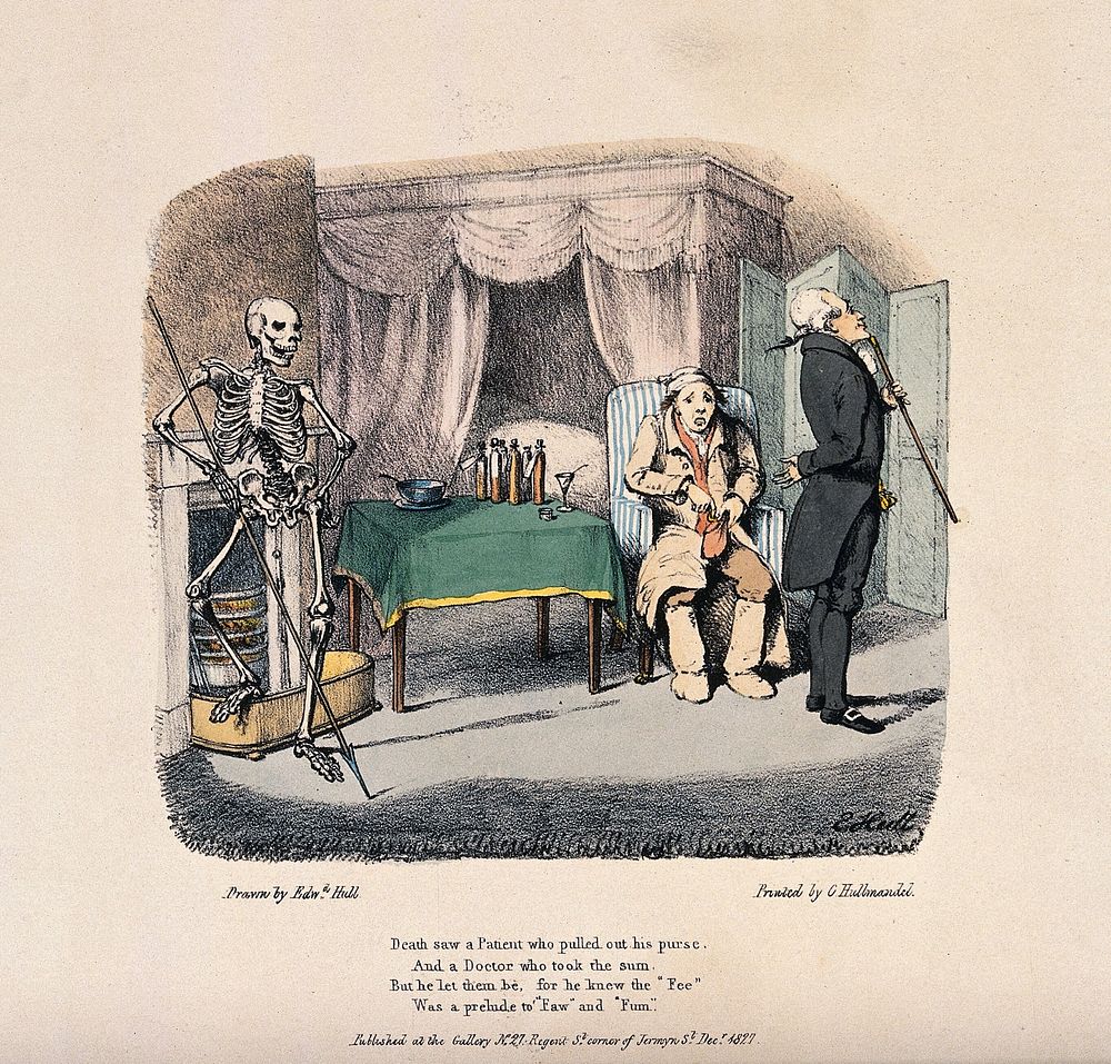 The dance of death: Death sees a patient. Colour lithograph by Edward Hull, 18--.