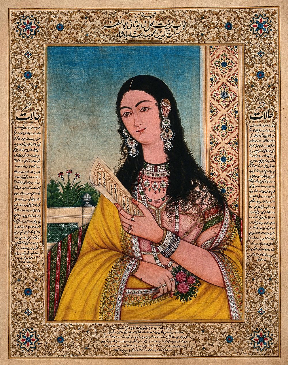 A western  woman in a Indian dress holding a sheet of paper. Gouache painting by an Indian painter.