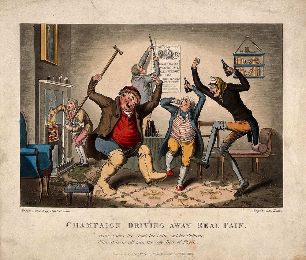 A group of merry, dancing former invalids discarding their medicines in favour of alcohol as a cure. Coloured aquatint by G.…