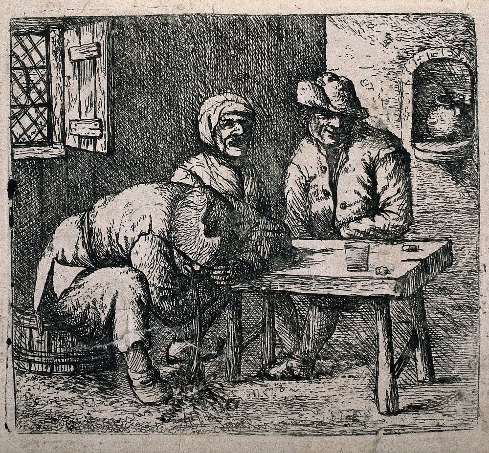 Two peasants sit at a table as a third man vomits on the floor. Etching by D. Deuchar, c. 1784, after A. van Ostade .
