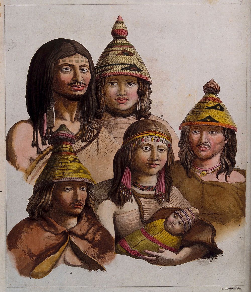 Inhabitants of Nootka Sound, Canada: four men and a woman holding a baby. Coloured aquatint by G. Gallina, ca. 1820, after…