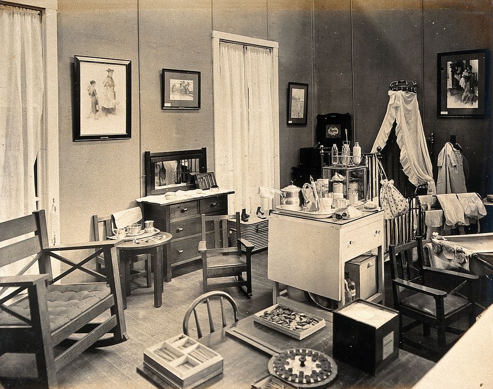 The 1904 World's Fair, St. Louis, Missouri: a (Swedish ) exhibit showing a child's nursery: furnishings and accessories.…