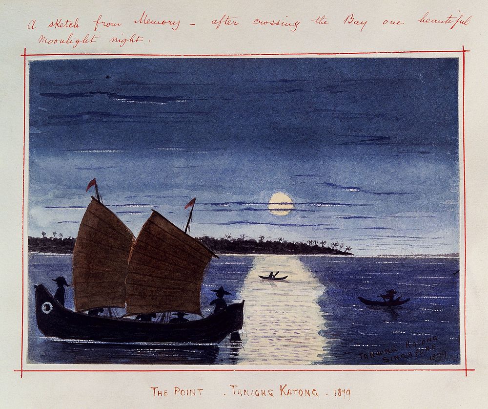 Singapore: a moonlit view across the bay at Tanjong Katong. Watercolour by J. Taylor, 1879.